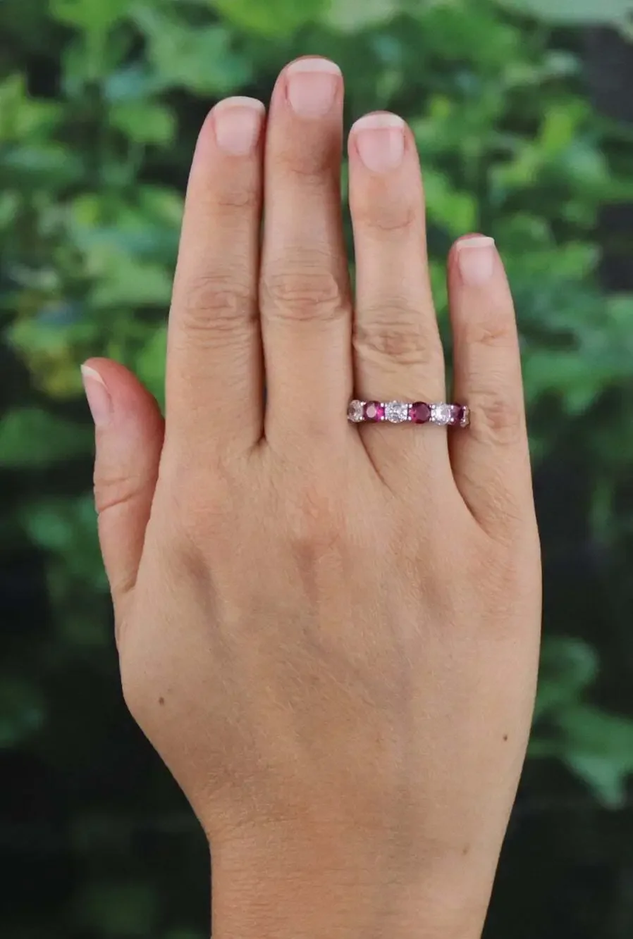 Sterling Silver Lab Created Ruby & CZ Band Ring Size 6 Stackable Woman Teen